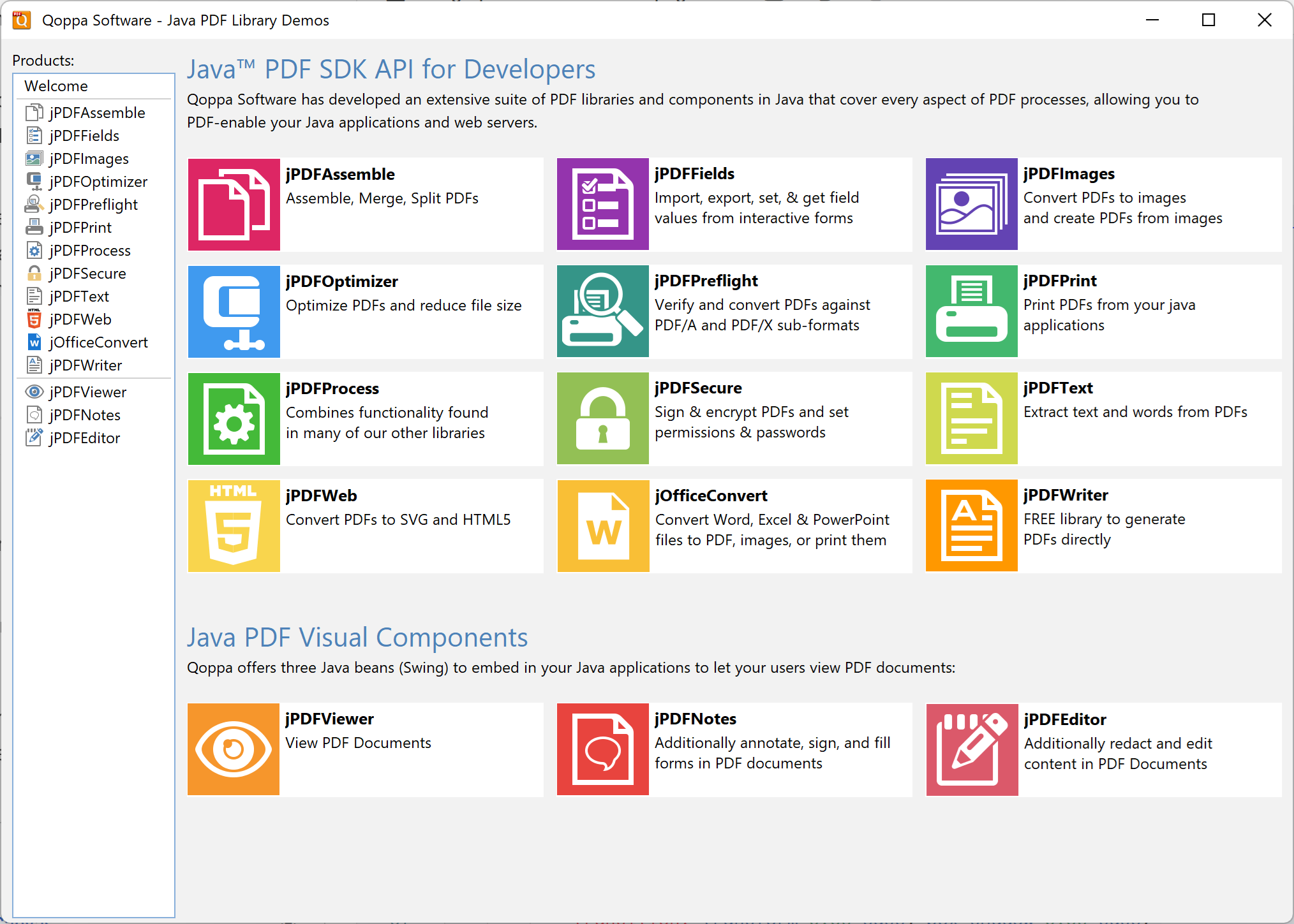 New unified SDK demo application with a clean, grid-based layout showcasing all products.